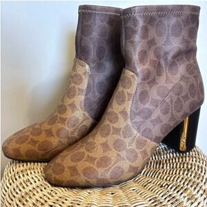 Coach Margot Signature Canvas Block Heel Ankle Sock Boots Brown Tan Womens 11B